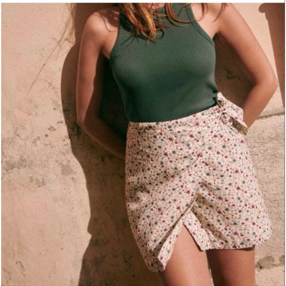 Sézane Lola Wrap Skirt Floral Mini Size 42 Cream Pink Blue Viscose French